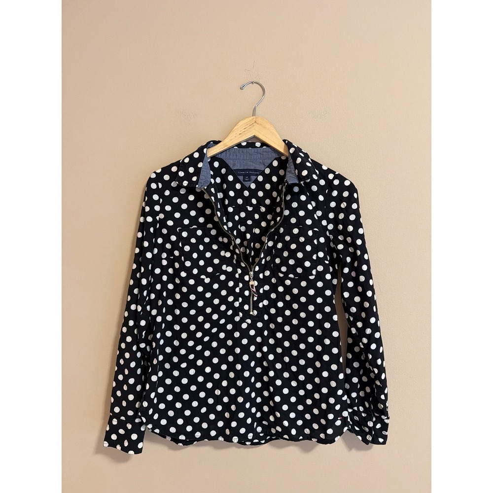 Tommy Hilfiger Womens Polka Dot Half Zip Long Sleeve Shirt Black White Small